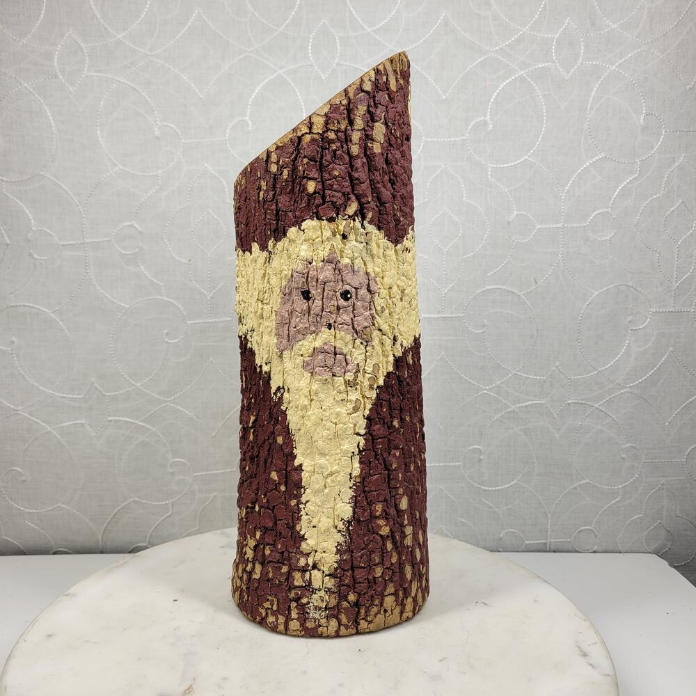 Vtg Folk Art Hand Painted Tree Bark Santa Claus 16” Rustic Christmas Cabin Decor
